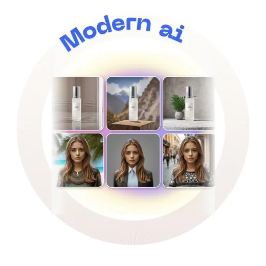 Collage of photos using AI-generated backgrounds for different purposes.