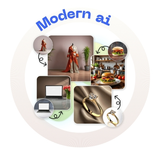 Different product categories shown with AI-generated backgrounds.