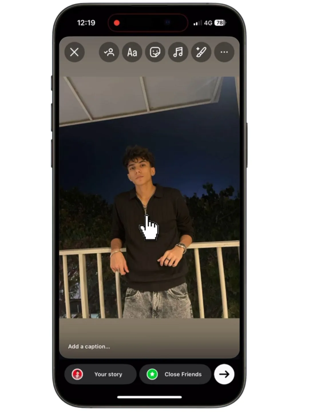 Instagram Story editor showing a selected photo ready to edit