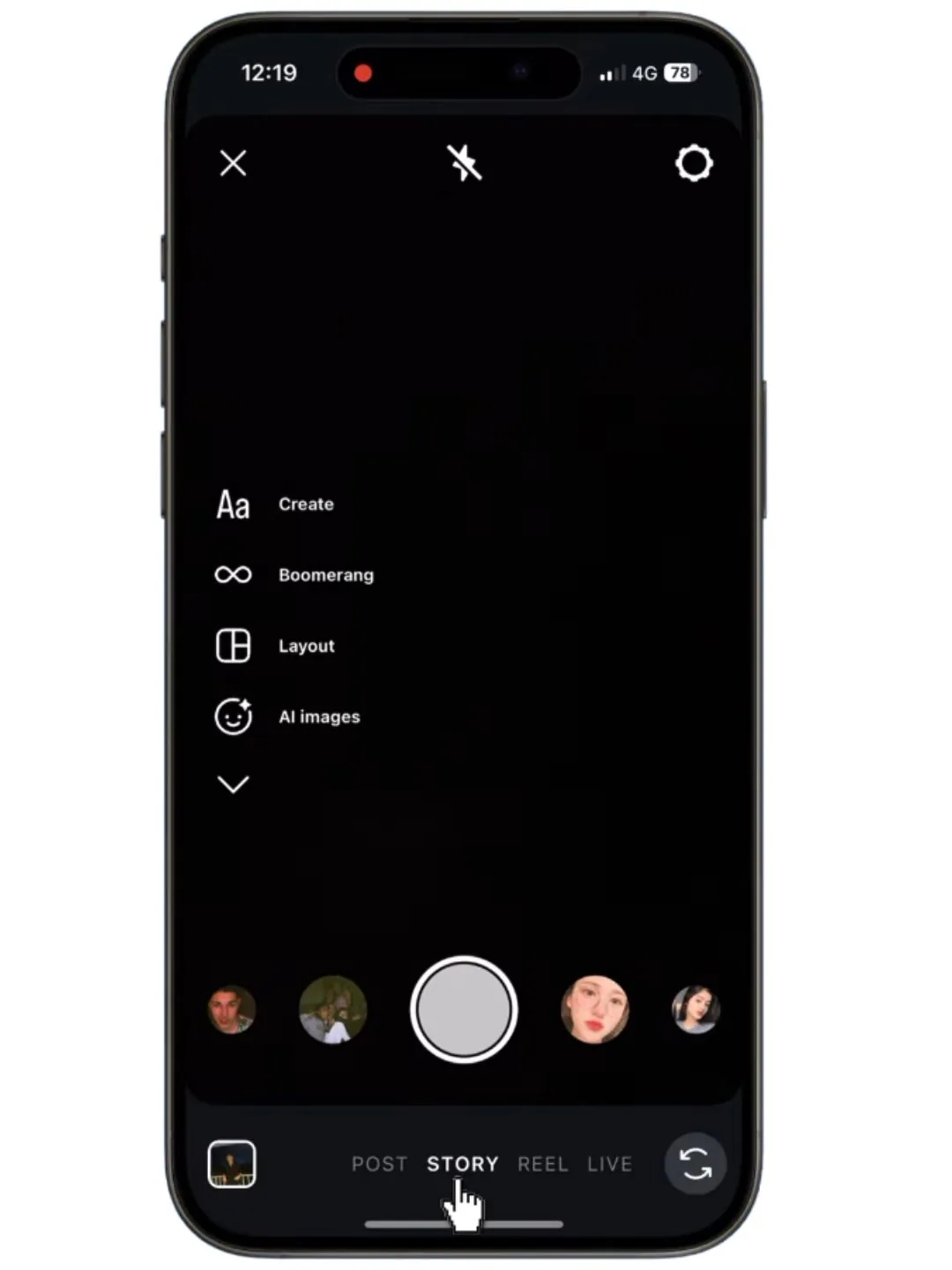 Instagram Story option selected from the app home screen