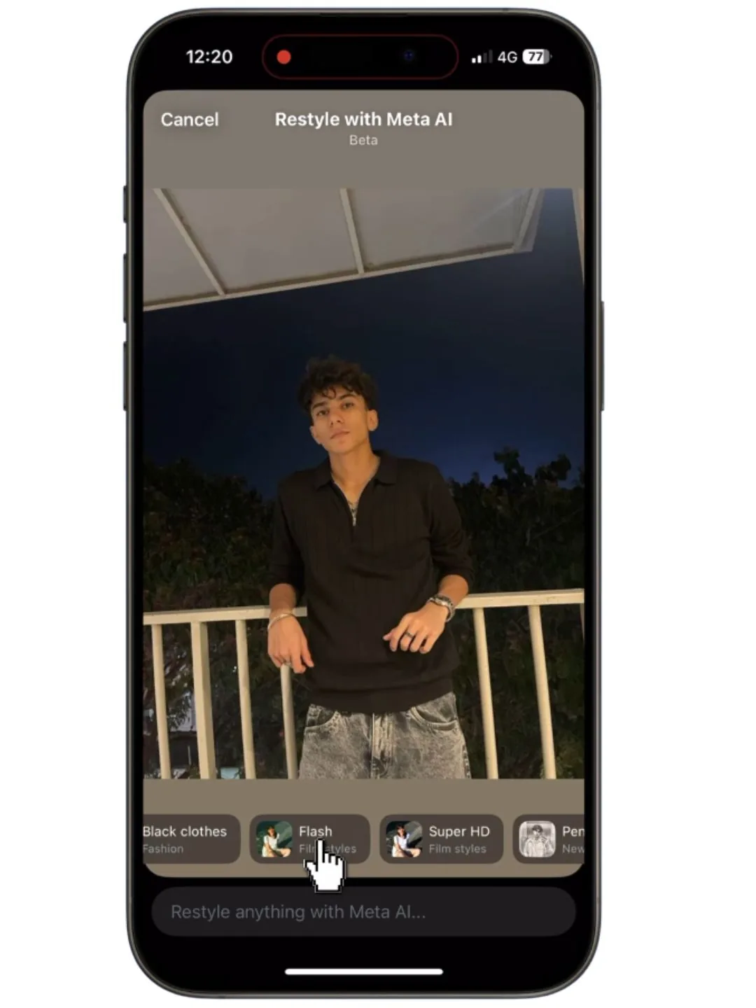 Instagram filter selection showing the Flash effect option